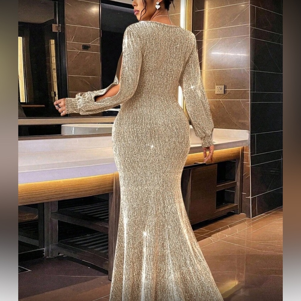 Luxe plus lantern sleeve shimmering  sequins party formal evening prom dress - Picture 2 of 8